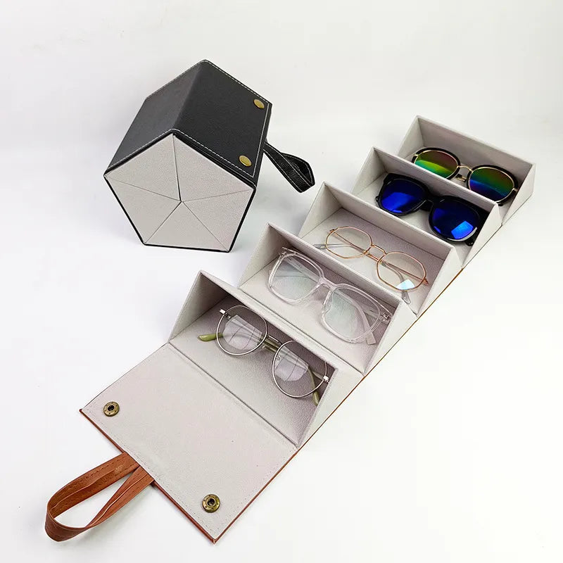 Organ‑Style 6‑Panel Faux‑Leather Glasses Case, Portable Foldable Eyewear Storage Holder for Storing Multiple Pairs of Glasses & Sunglasses