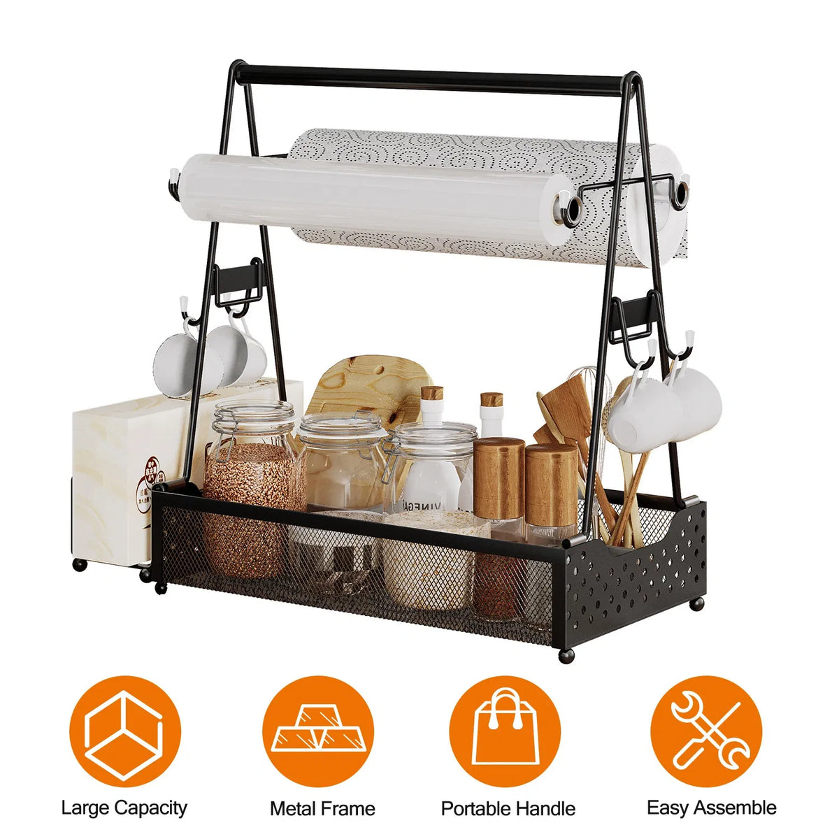 Grill Caddy for BBQ with Paper Towel Holder, Heavy-Duty Metal Organizer, 4 Compartments, Portable Outdoor Cooking