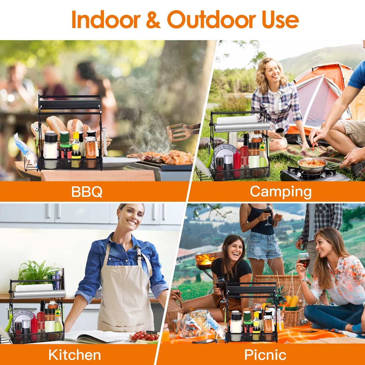 Grill Caddy for BBQ with Paper Towel Holder, Heavy-Duty Metal Organizer, 4 Compartments, Portable Outdoor Cooking