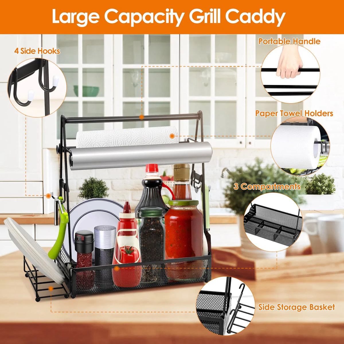 Grill Caddy for BBQ with Paper Towel Holder, Heavy-Duty Metal Organizer, 4 Compartments, Portable Outdoor Cooking