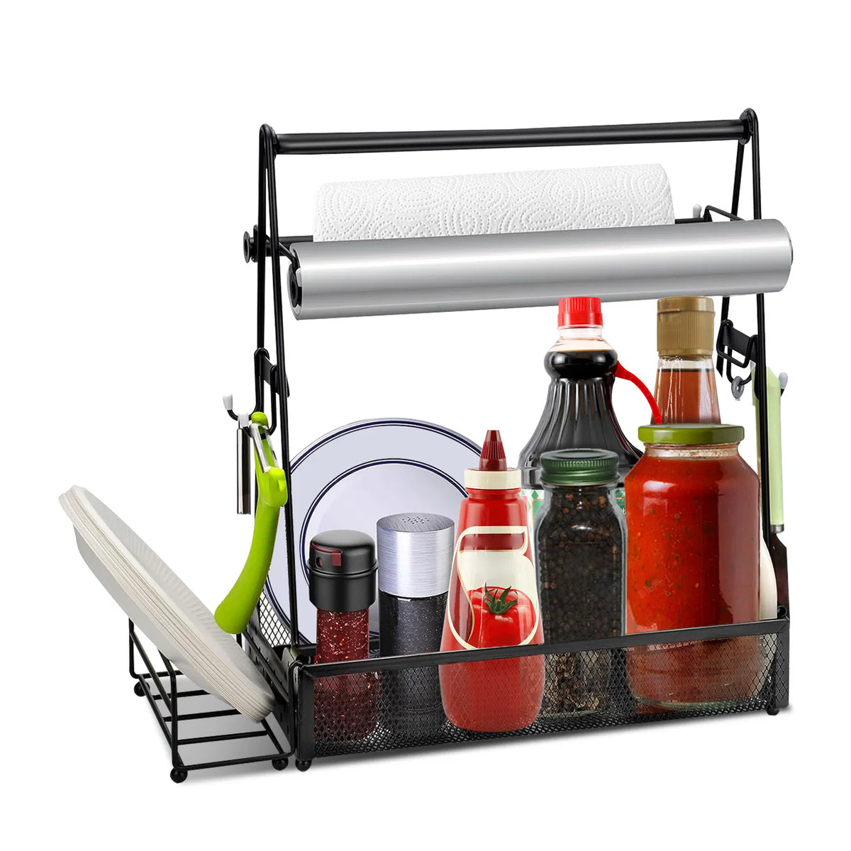 Grill Caddy for BBQ with Paper Towel Holder, Heavy-Duty Metal Organizer, 4 Compartments, Portable Outdoor Cooking