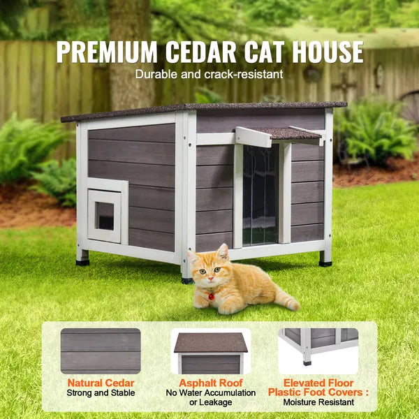 Weatherproof Wooden Outdoor Cat House, Feral Cat Shelter with Window, Open Roof & PVC Door Flaps, 24"L x21"W x18"H for Multi‑Cats & Rabbits