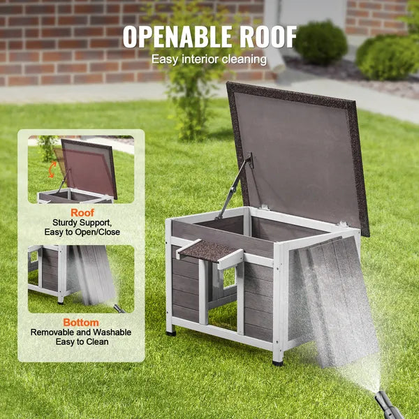 Weatherproof Wooden Outdoor Cat House, Feral Cat Shelter with Window, Open Roof & PVC Door Flaps, 24"L x21"W x18"H for Multi‑Cats & Rabbits