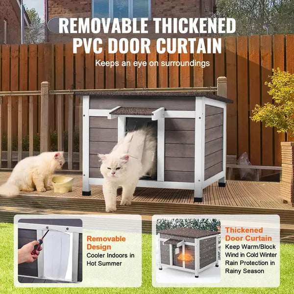 Weatherproof Wooden Outdoor Cat House, Feral Cat Shelter with Window, Open Roof & PVC Door Flaps, 24"L x21"W x18"H for Multi‑Cats & Rabbits