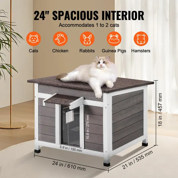 Weatherproof Wooden Outdoor Cat House, Feral Cat Shelter with Window, Open Roof & PVC Door Flaps, 24"L x21"W x18"H for Multi‑Cats & Rabbits