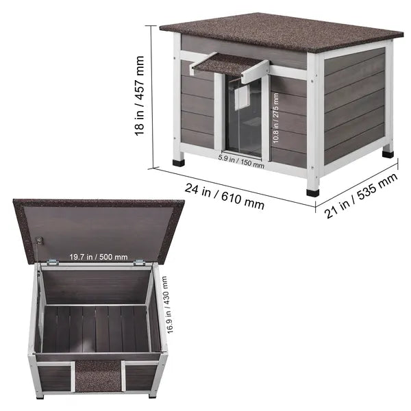 Weatherproof Wooden Outdoor Cat House, Feral Cat Shelter with Window, Open Roof & PVC Door Flaps, 24"L x21"W x18"H for Multi‑Cats & Rabbits