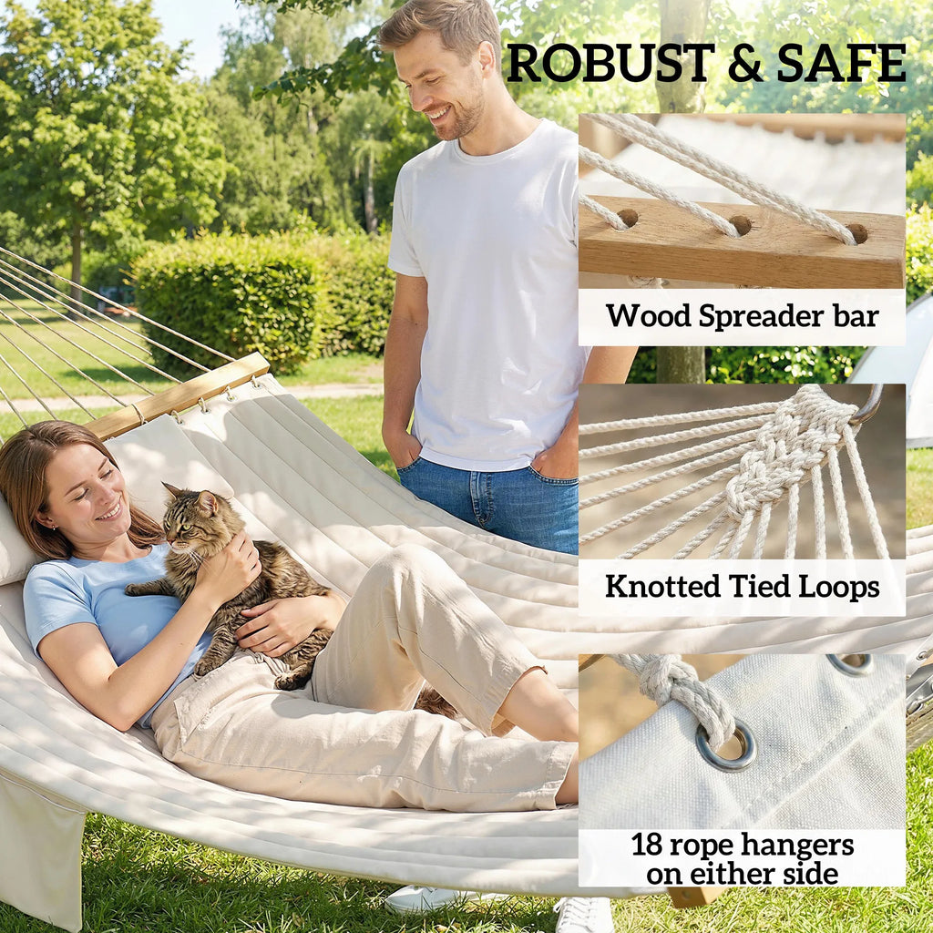 2‑Person Cream‑White Outdoor Hammock with Pillow & Pad, 440‑lbs Weight Capacity for Backyard Patio Camping