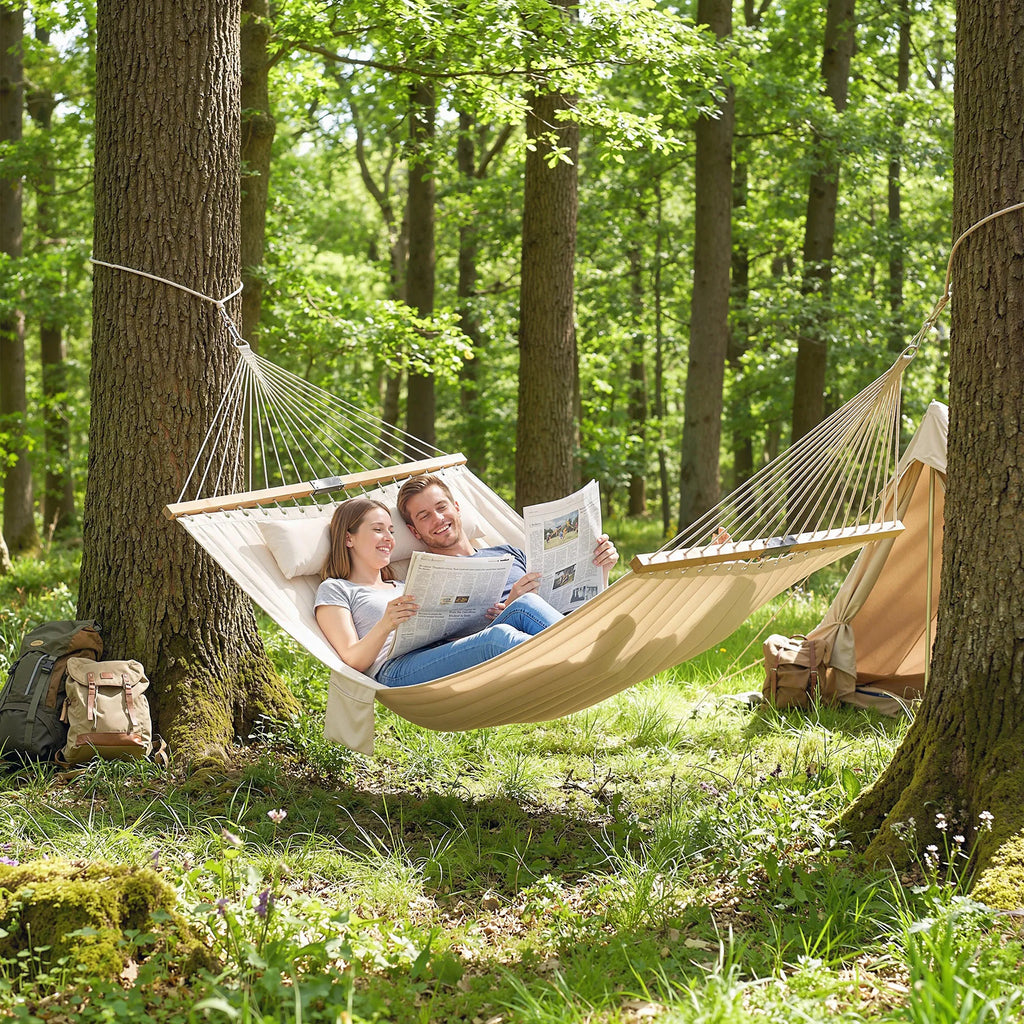 2‑Person Cream‑White Outdoor Hammock with Pillow & Pad, 440‑lbs Weight Capacity for Backyard Patio Camping