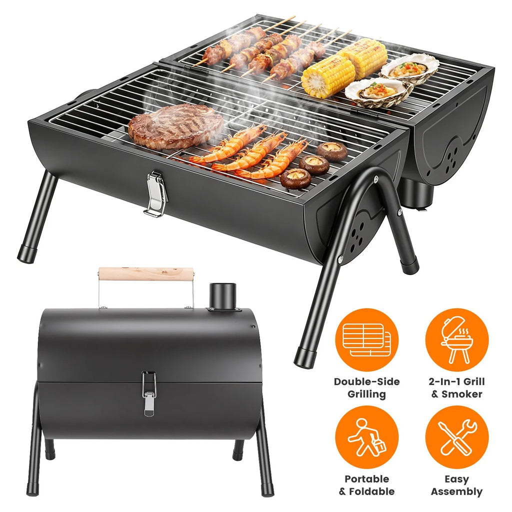 Foldable Charcoal BBQ Grill, 2-in-1 Grill and Smoker, Portable Outdoor Barbecue with Chimney Vent, 10 Skewers Included, Black