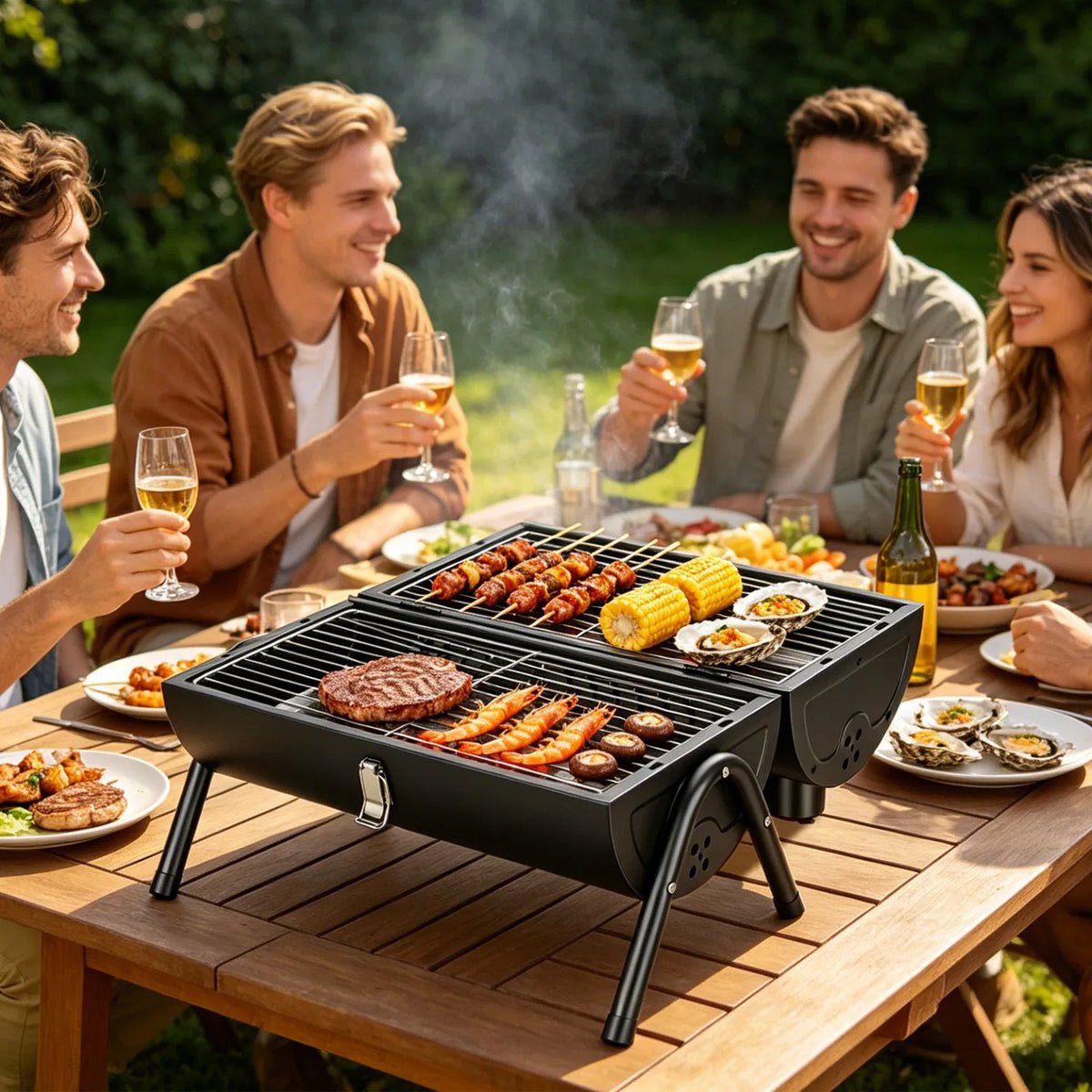 Foldable Charcoal BBQ Grill, 2-in-1 Grill and Smoker, Portable Outdoor Barbecue with Chimney Vent, 10 Skewers Included, Black