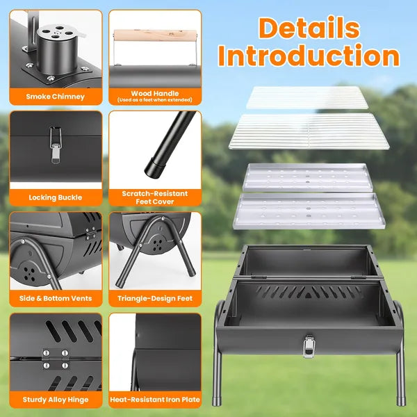 Foldable Charcoal BBQ Grill, 2-in-1 Grill and Smoker, Portable Outdoor Barbecue with Chimney Vent, 10 Skewers Included, Black
