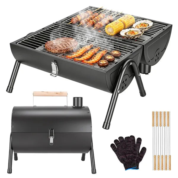Foldable Charcoal BBQ Grill, 2-in-1 Grill and Smoker, Portable Outdoor Barbecue with Chimney Vent, 10 Skewers Included, Black