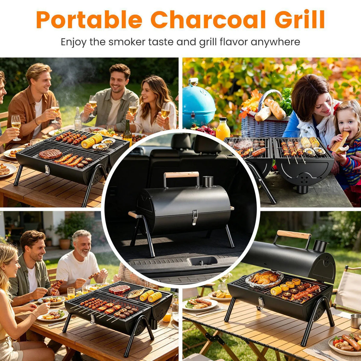 Foldable Charcoal BBQ Grill, 2-in-1 Grill and Smoker, Portable Outdoor Barbecue with Chimney Vent, 10 Skewers Included, Black