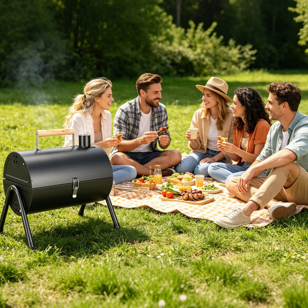 Foldable Charcoal BBQ Grill, 2-in-1 Grill and Smoker, Portable Outdoor Barbecue with Chimney Vent, 10 Skewers Included, Black