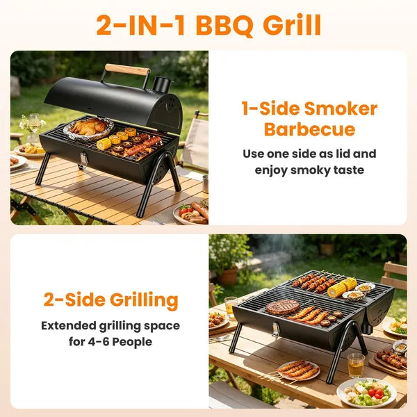 Foldable Charcoal BBQ Grill, 2-in-1 Grill and Smoker, Portable Outdoor Barbecue with Chimney Vent, 10 Skewers Included, Black