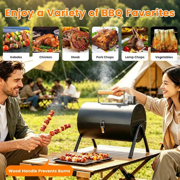 Foldable Charcoal BBQ Grill, 2-in-1 Grill and Smoker, Portable Outdoor Barbecue with Chimney Vent, 10 Skewers Included, Black