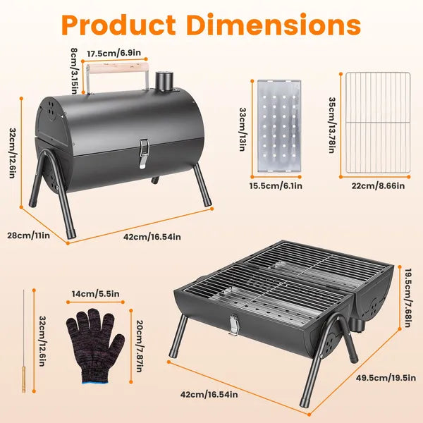 Foldable Charcoal BBQ Grill, 2-in-1 Grill and Smoker, Portable Outdoor Barbecue with Chimney Vent, 10 Skewers Included, Black