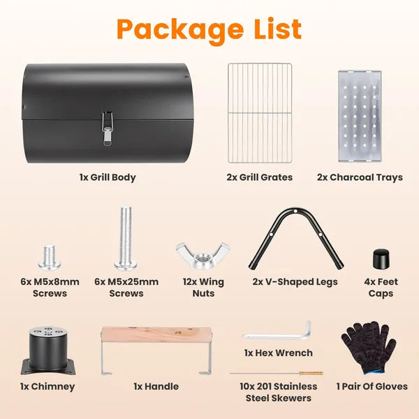 Foldable Charcoal BBQ Grill, 2-in-1 Grill and Smoker, Portable Outdoor Barbecue with Chimney Vent, 10 Skewers Included, Black