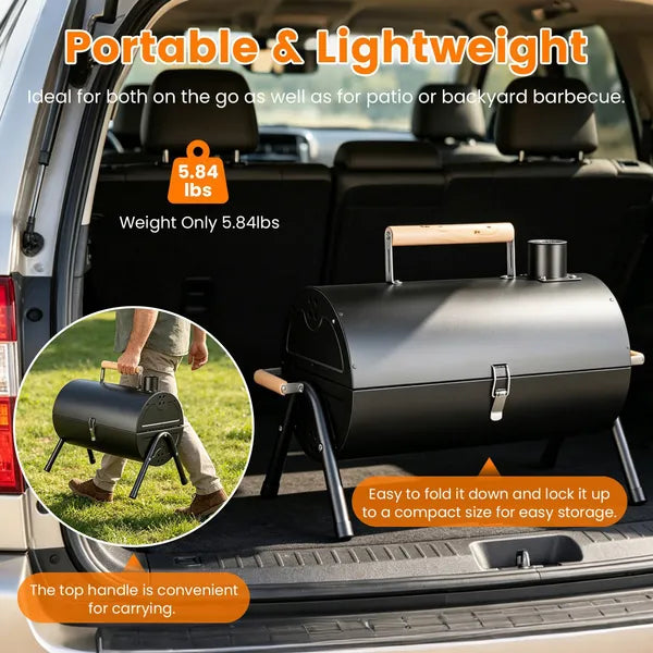 Foldable Charcoal BBQ Grill, 2-in-1 Grill and Smoker, Portable Outdoor Barbecue with Chimney Vent, 10 Skewers Included, Black