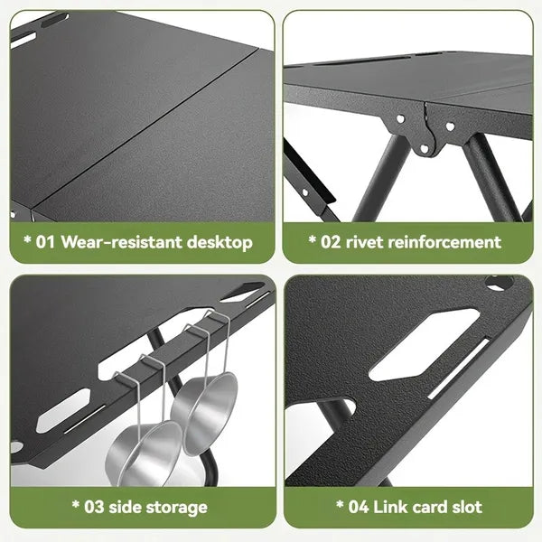 Aeelleea Stainless Steel Folding Camping Table Set, Quick-Open Portable Tactical Picnic Table Large & Small