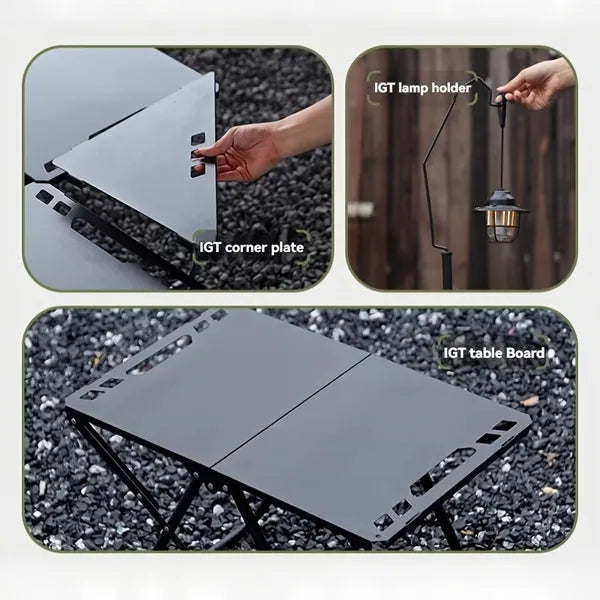Aeelleea Stainless Steel Folding Camping Table Set, Quick-Open Portable Tactical Picnic Table Large & Small