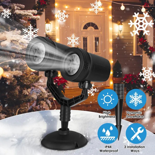 Aeelleea Dual-Head Snowflake Projection Light, IP44 Weather Resistant ABS Holiday Projector Lamp, Adjustable, Indoor Outdoor Christmas Decor