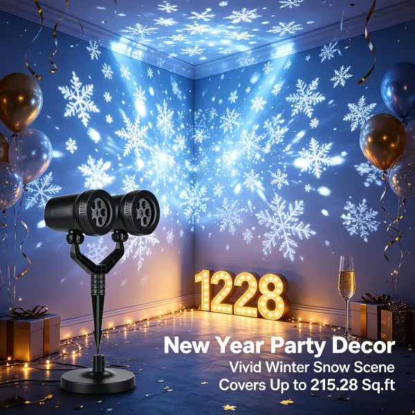 Aeelleea Dual-Head Snowflake Projection Light, IP44 Weather Resistant ABS Holiday Projector Lamp, Adjustable, Indoor Outdoor Christmas Decor