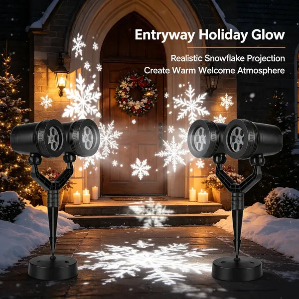Aeelleea Dual-Head Snowflake Projection Light, IP44 Weather Resistant ABS Holiday Projector Lamp, Adjustable, Indoor Outdoor Christmas Decor