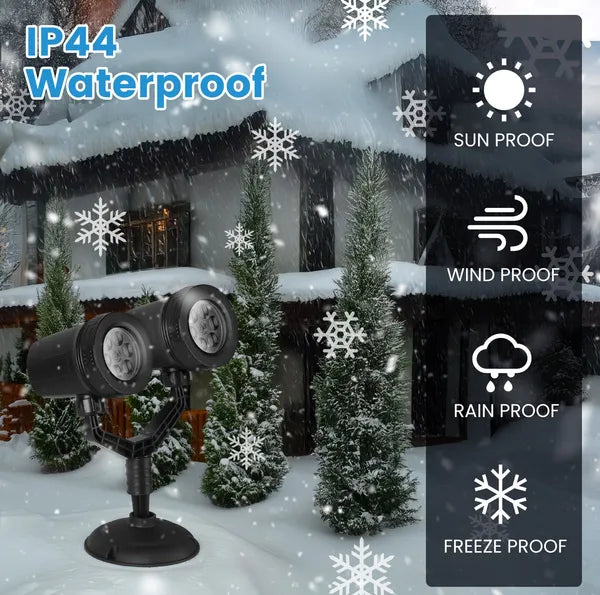 Aeelleea Dual-Head Snowflake Projection Light, IP44 Weather Resistant ABS Holiday Projector Lamp, Adjustable, Indoor Outdoor Christmas Decor