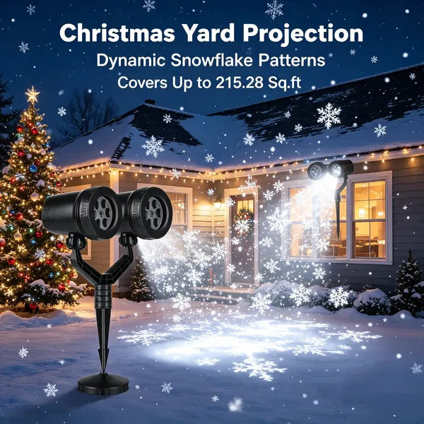Aeelleea Dual-Head Snowflake Projection Light, IP44 Weather Resistant ABS Holiday Projector Lamp, Adjustable, Indoor Outdoor Christmas Decor