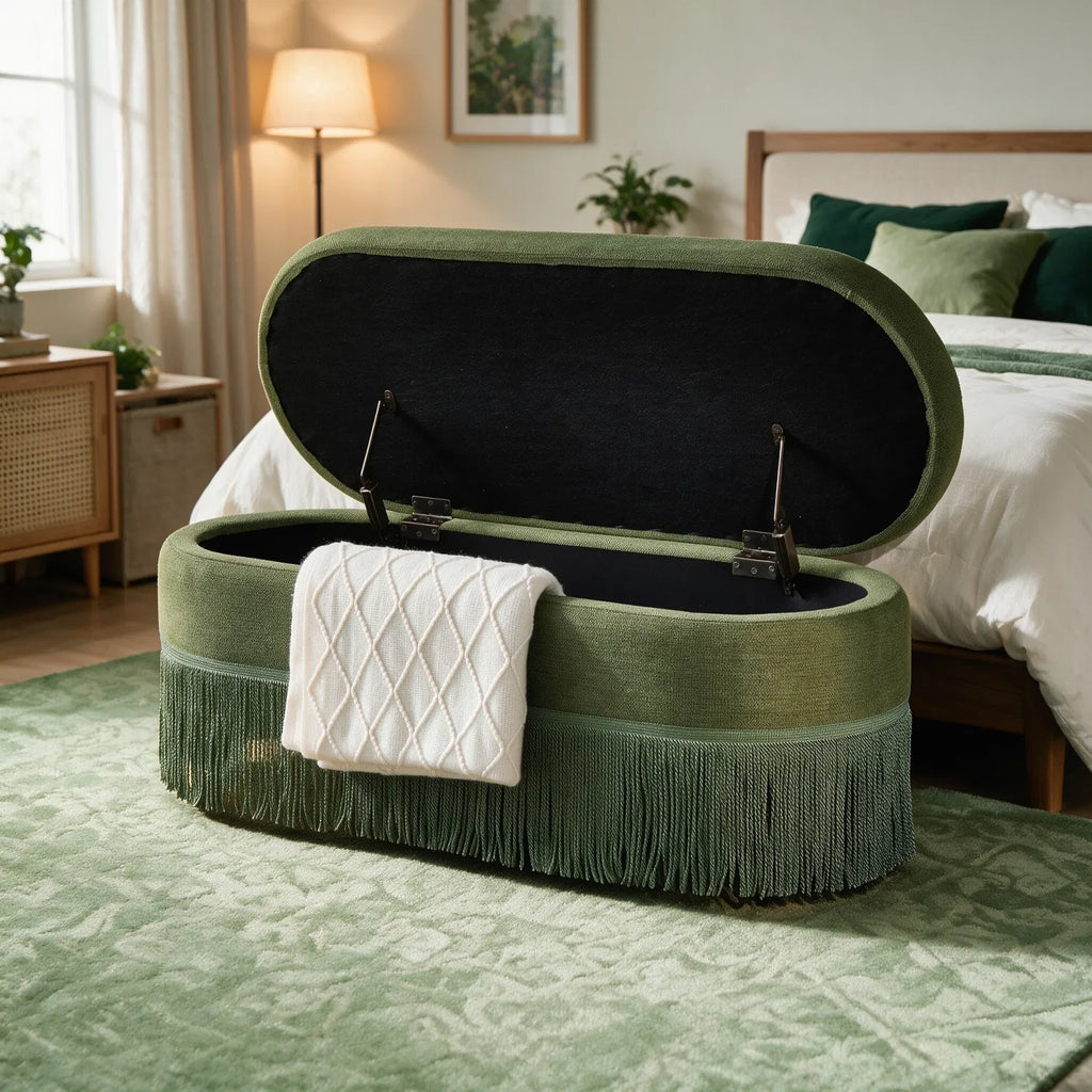 Vintage Green Oval Storage Ottoman Bench, Fringe‑Trim Upholstered Footrest With Hidden Lift‑Top Storage
