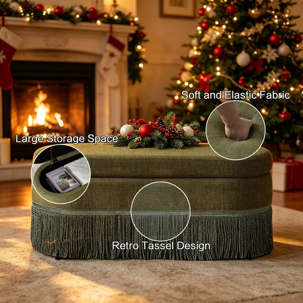 Vintage Green Oval Storage Ottoman Bench, Fringe‑Trim Upholstered Footrest With Hidden Lift‑Top Storage