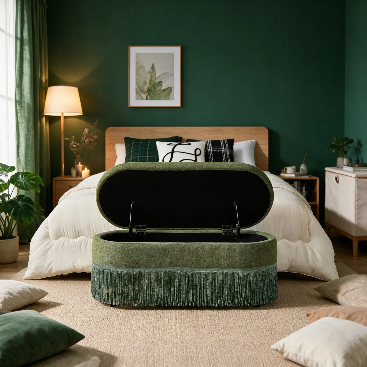 Vintage Green Oval Storage Ottoman Bench, Fringe‑Trim Upholstered Footrest With Hidden Lift‑Top Storage