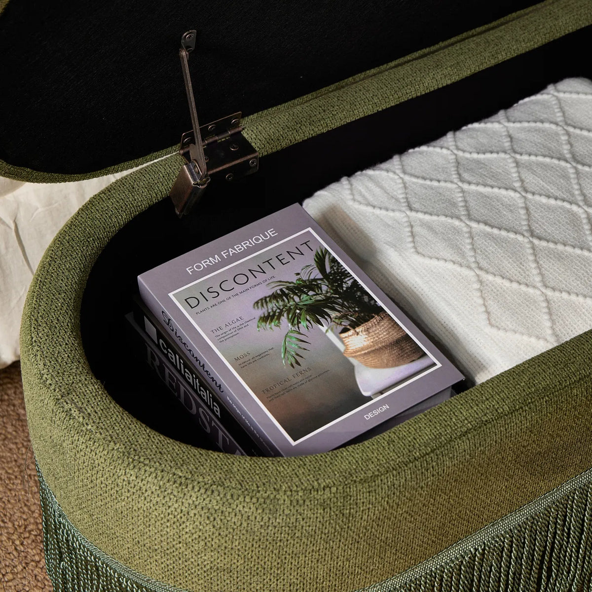 Vintage Green Oval Storage Ottoman Bench, Fringe‑Trim Upholstered Footrest With Hidden Lift‑Top Storage