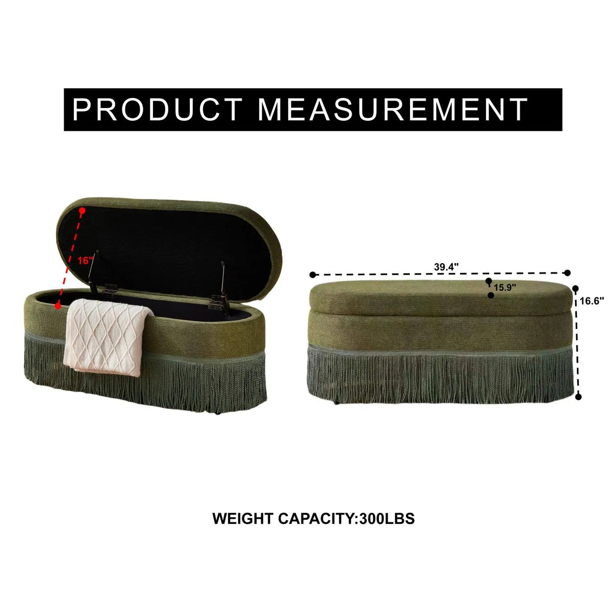 Vintage Green Oval Storage Ottoman Bench, Fringe‑Trim Upholstered Footrest With Hidden Lift‑Top Storage