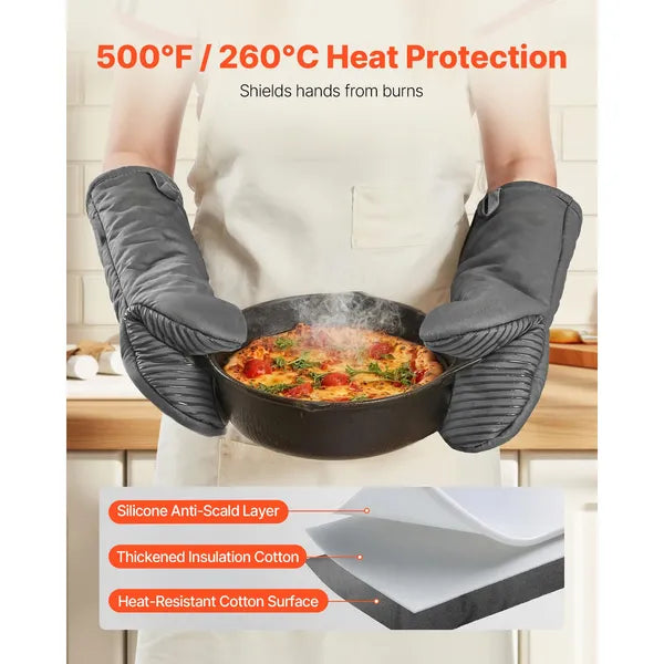 2-Pack Oven Mitts, Heat Resistant to 500°F, Cotton Kitchen Gloves with Non-Slip Silicone Grip, Gray, 12.8 x 5.5 in