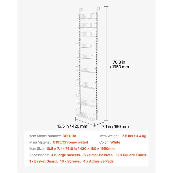 9-Tier Over the Door Pantry Organizer, Heavy Duty Steel Hanging Storage Rack, Adjustable Baskets for Kitchen Spice & Canned Food