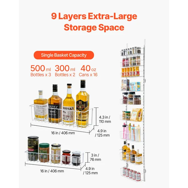 9-Tier Over the Door Pantry Organizer, Heavy Duty Steel Hanging Storage Rack, Adjustable Baskets for Kitchen Spice & Canned Food