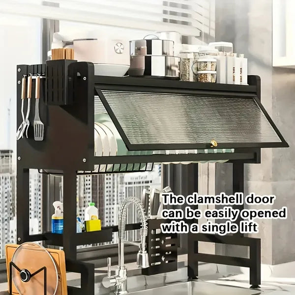 Aeelleea Adjustable Over the Sink Dish Rack with Dust Cover, Carbon Steel Kitchen Storage Rack with Utensil, Knife & Cutting Board Holder, Black
