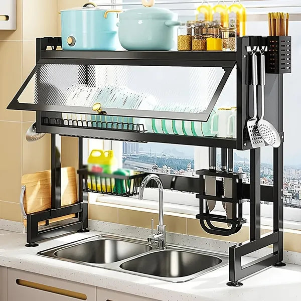 Aeelleea Adjustable Over the Sink Dish Rack with Dust Cover, Carbon Steel Kitchen Storage Rack with Utensil, Knife & Cutting Board Holder, Black