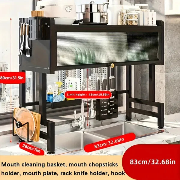 Aeelleea Adjustable Over the Sink Dish Rack with Dust Cover, Carbon Steel Kitchen Storage Rack with Utensil, Knife & Cutting Board Holder, Black