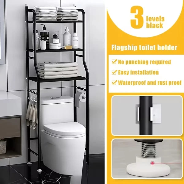 3 Tier Over The Toilet Storage Rack Freestanding Bathroom Space Saver Organizer Shelf with Side Hooks