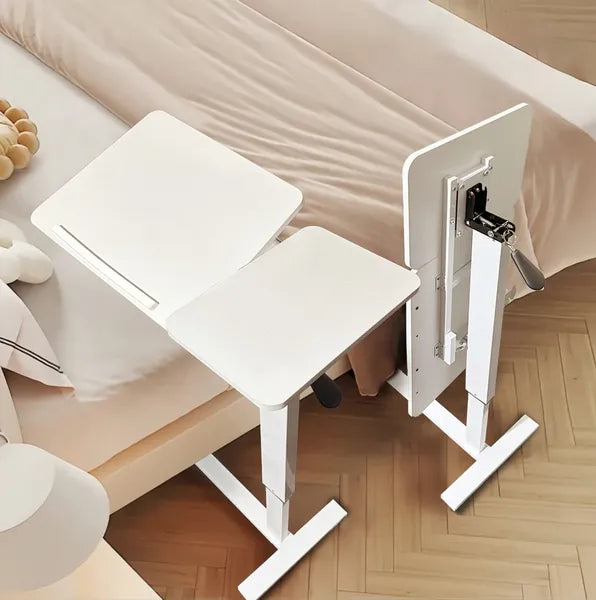 Aeelleea Tilting Mobile Bedside Desk, 0-45° Tilt Laptop Tray Table, Height Adjustable 26-38 Inch Rolling Side Table, White