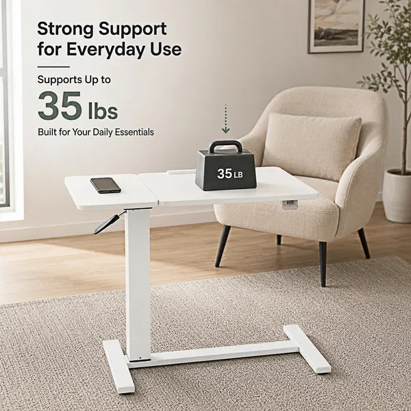 Aeelleea Tilting Mobile Bedside Desk, 0-45° Tilt Laptop Tray Table, Height Adjustable 26-38 Inch Rolling Side Table, White