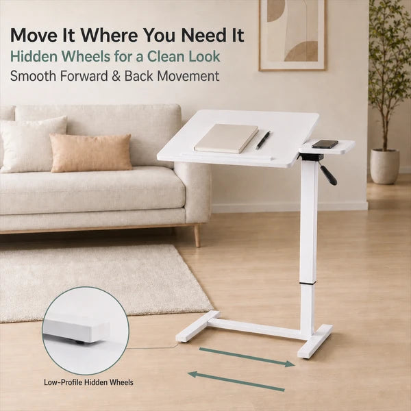 Aeelleea Tilting Mobile Bedside Desk, 0-45° Tilt Laptop Tray Table, Height Adjustable 26-38 Inch Rolling Side Table, White