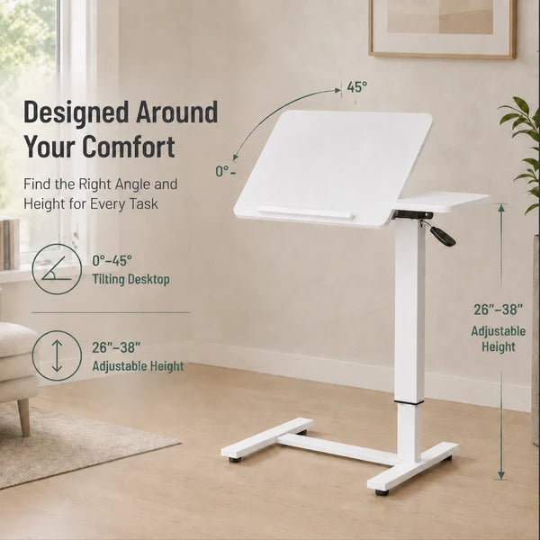 Aeelleea Tilting Mobile Bedside Desk, 0-45° Tilt Laptop Tray Table, Height Adjustable 26-38 Inch Rolling Side Table, White