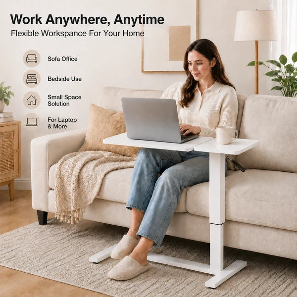 Aeelleea Tilting Mobile Bedside Desk, 0-45° Tilt Laptop Tray Table, Height Adjustable 26-38 Inch Rolling Side Table, White
