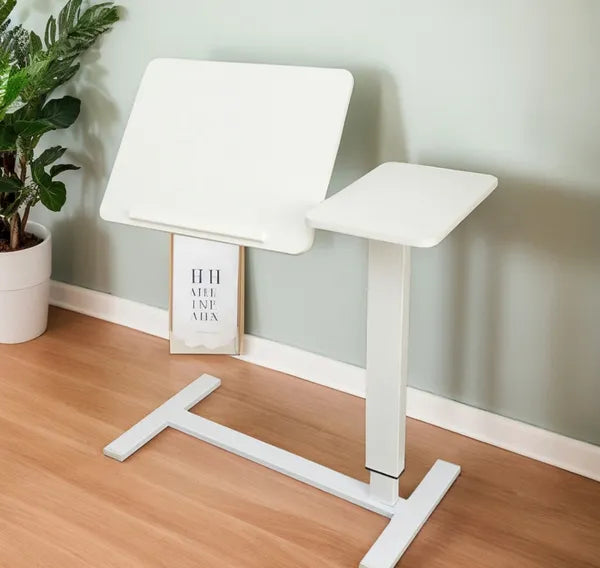 Aeelleea Tilting Mobile Bedside Desk, 0-45° Tilt Laptop Tray Table, Height Adjustable 26-38 Inch Rolling Side Table, White