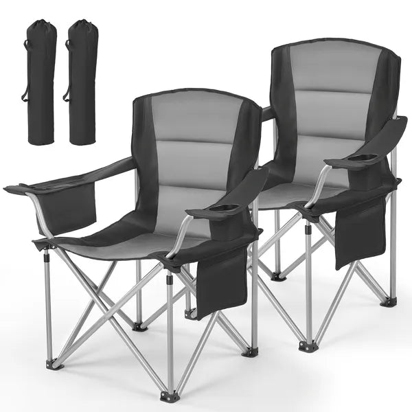 2 Pack Oversized Folding Camping Chair, 450lbs Weight Capacity, Padded Back & Armrest, Cup Holder Side Pocket, Cooler & Carry Bag for Outdoor Fishing