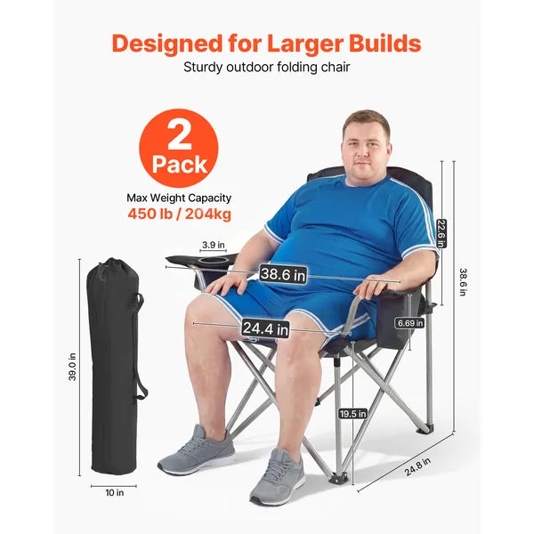 2 Pack Oversized Folding Camping Chair, 450lbs Weight Capacity, Padded Back & Armrest, Cup Holder Side Pocket, Cooler & Carry Bag for Outdoor Fishing